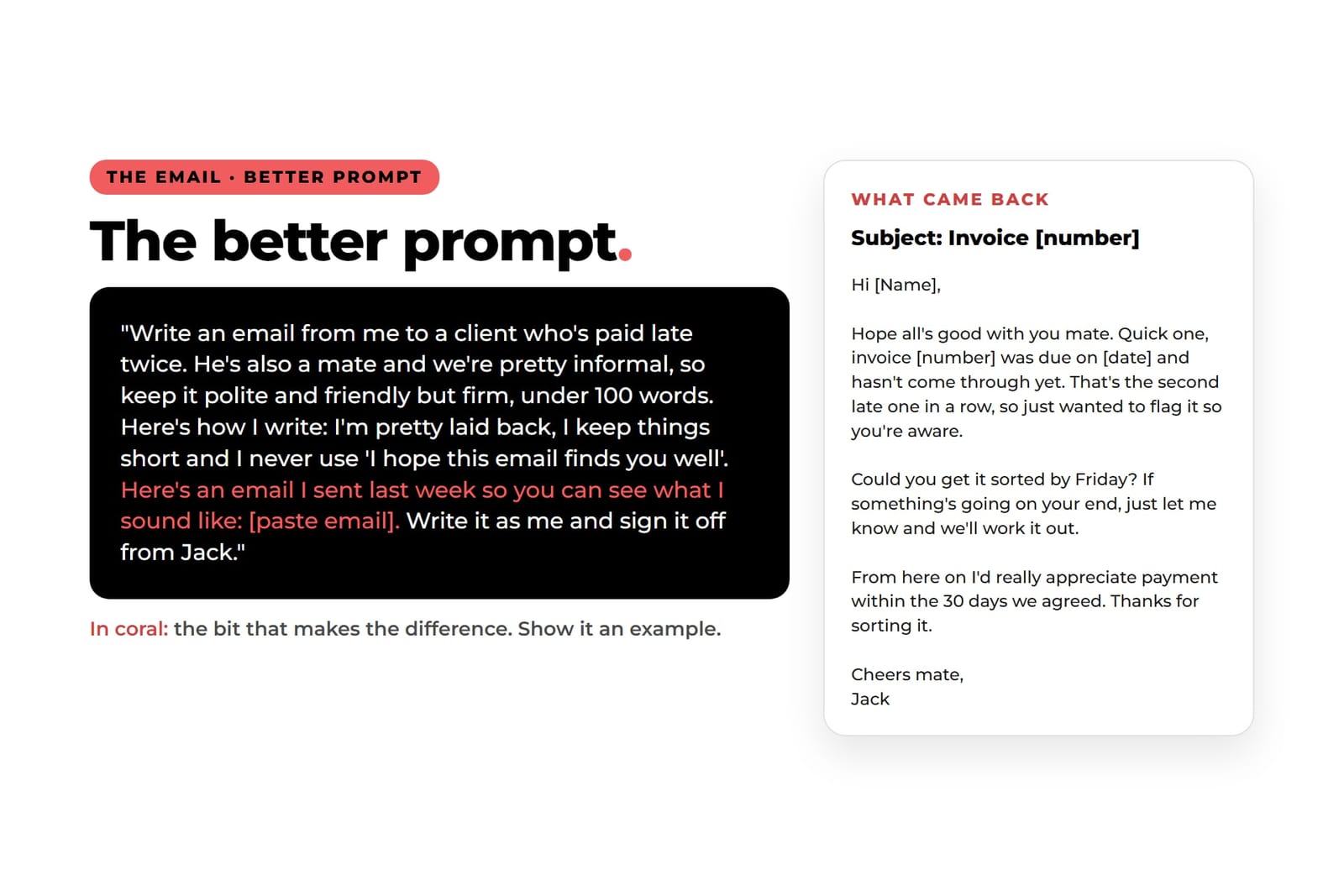Slide comparing a detailed prompt for a polite but firm late-payment email with the friendly, informal email that came back, signed off from Jack