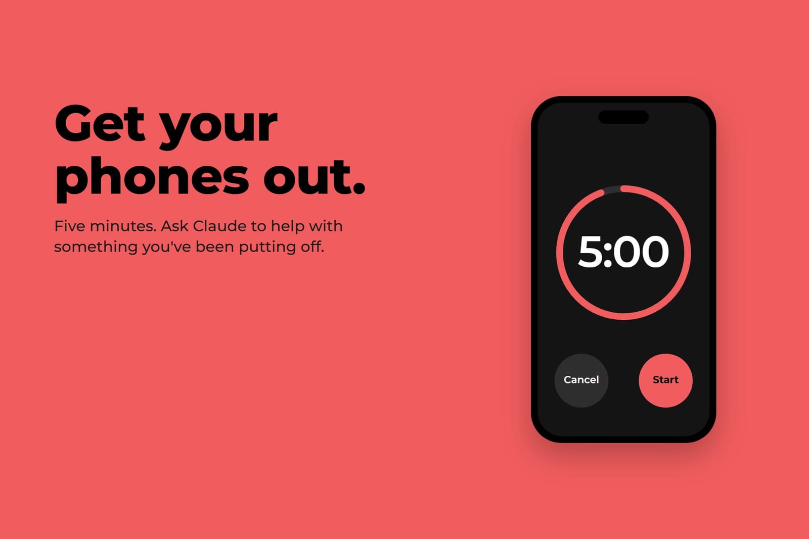 Coral slide reading “Get your phones out” beside a phone showing a five-minute timer