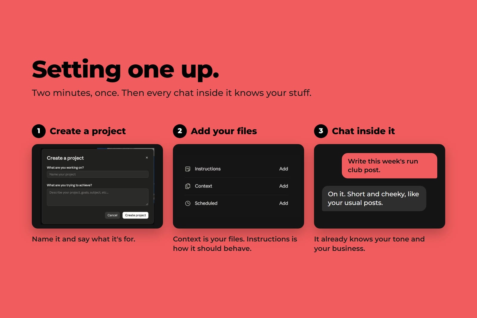 Three-step slide: create a project, add your files under Context and Instructions, then chat inside it, with an example asking for this week’s run club post