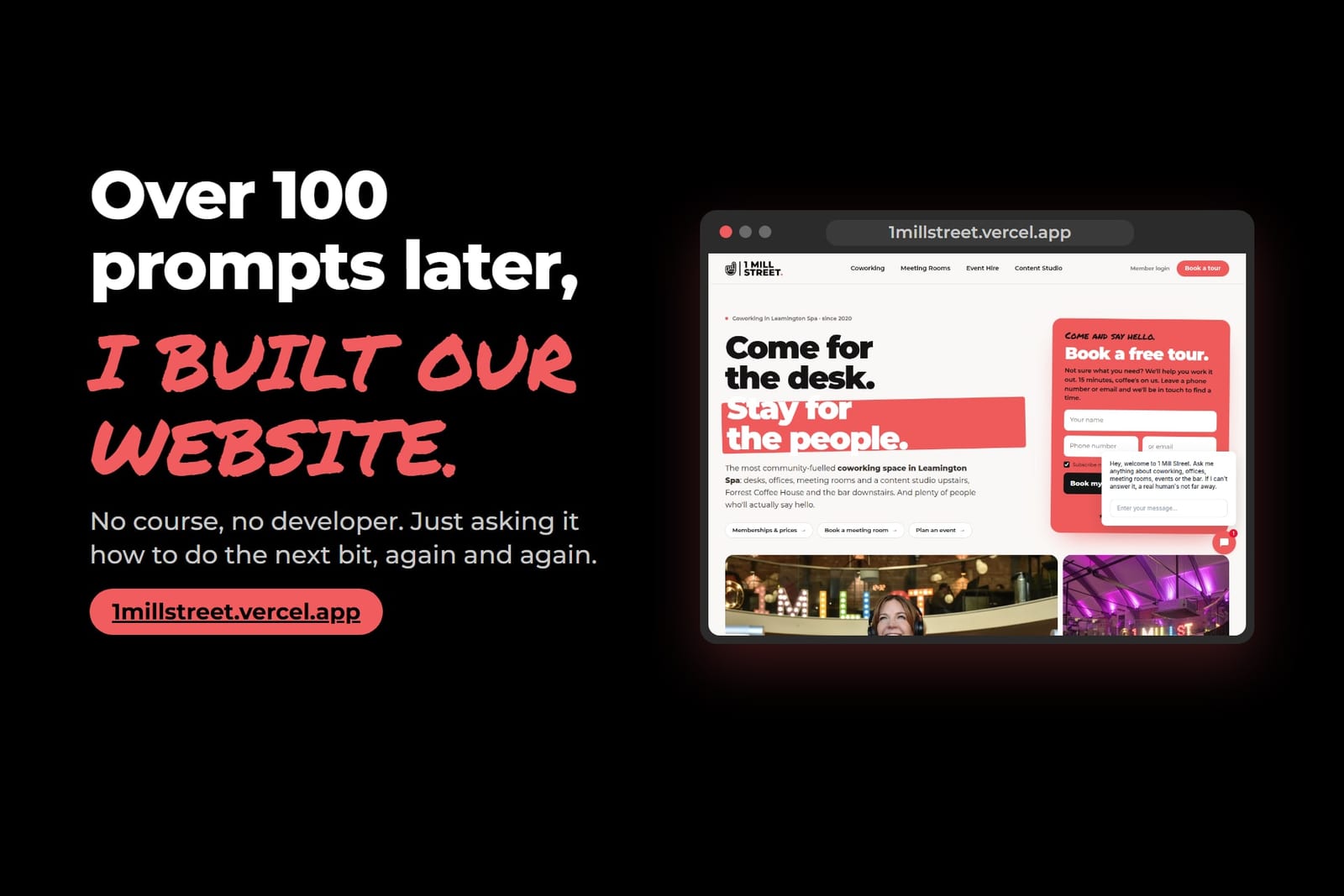 Slide reading “Over 100 prompts later, I built our website” beside a browser screenshot of the new 1 Mill Street home page