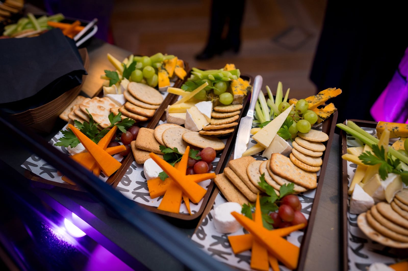 A catering spread laid out for an evening event