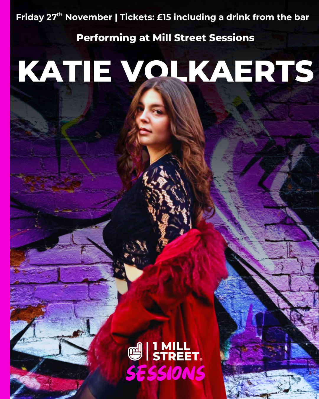 girl looking direct to camera in lace sleeved top and red coat falling from shoulders against a grafitti wall