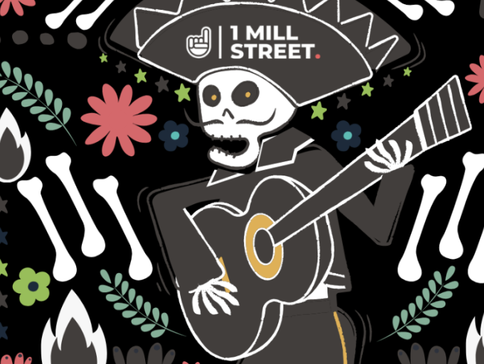 A guitar playing skeleton in a hat and suit with flowers and bones scattered around them